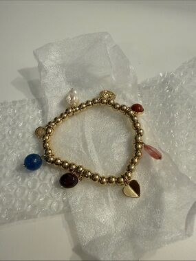 Talbots Gold Beaded Bracelet with Blue and Pink Stone Charms